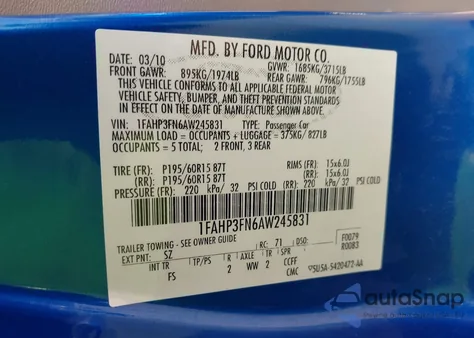 2010 Ford Focus Se из США, поврежденный, VIN 1FAHP3FN6AW245831